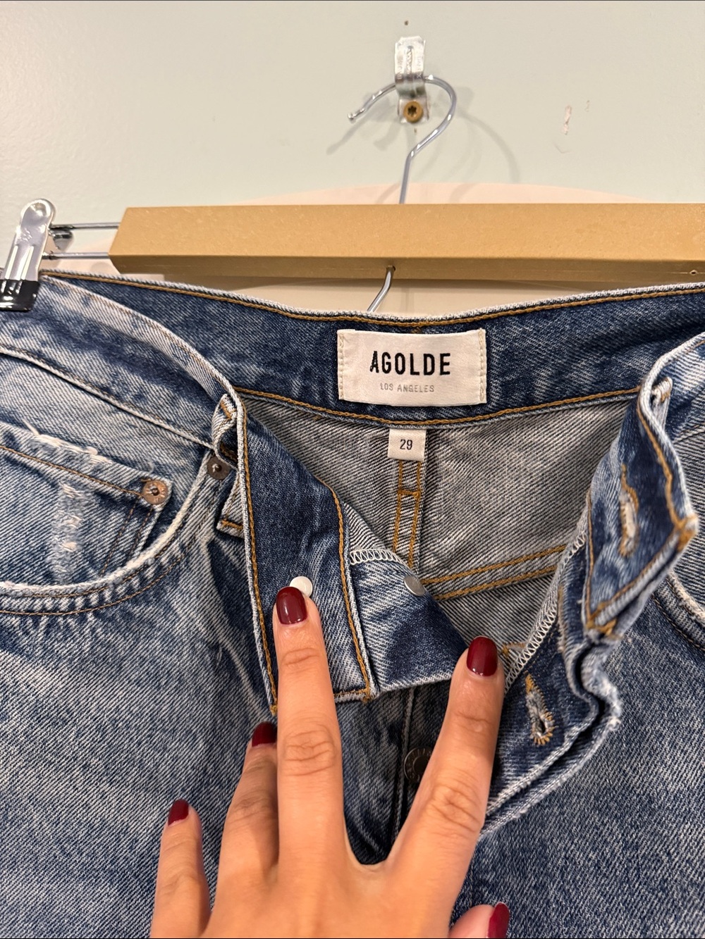 Agolde Washed Blue Frayed Hem Denim Shorts - Picture 3 of 5